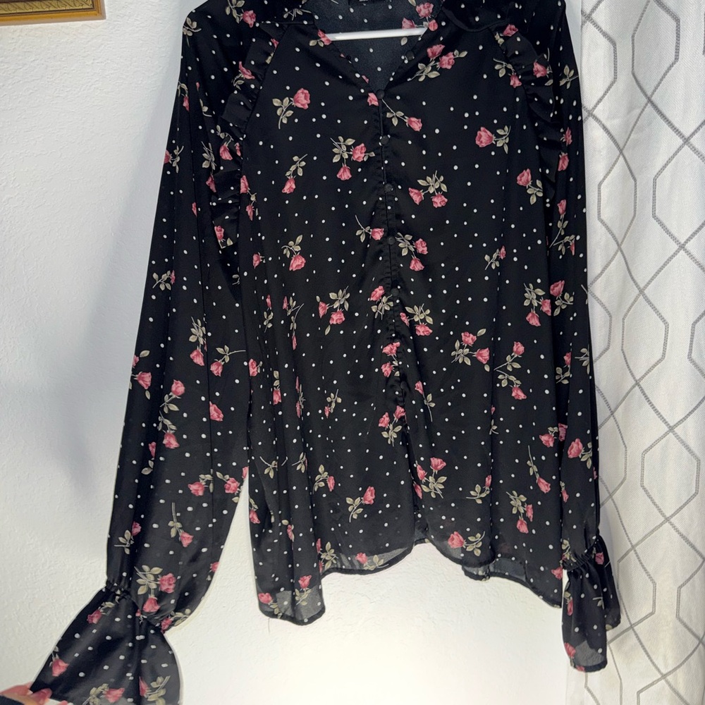 Chic Black Floral Blouse with Pink Details